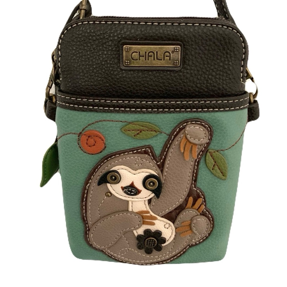 Chala Teal & Brown Sloth Theme Faux Leather Small Crossbody Pouch Quirky Kitsch